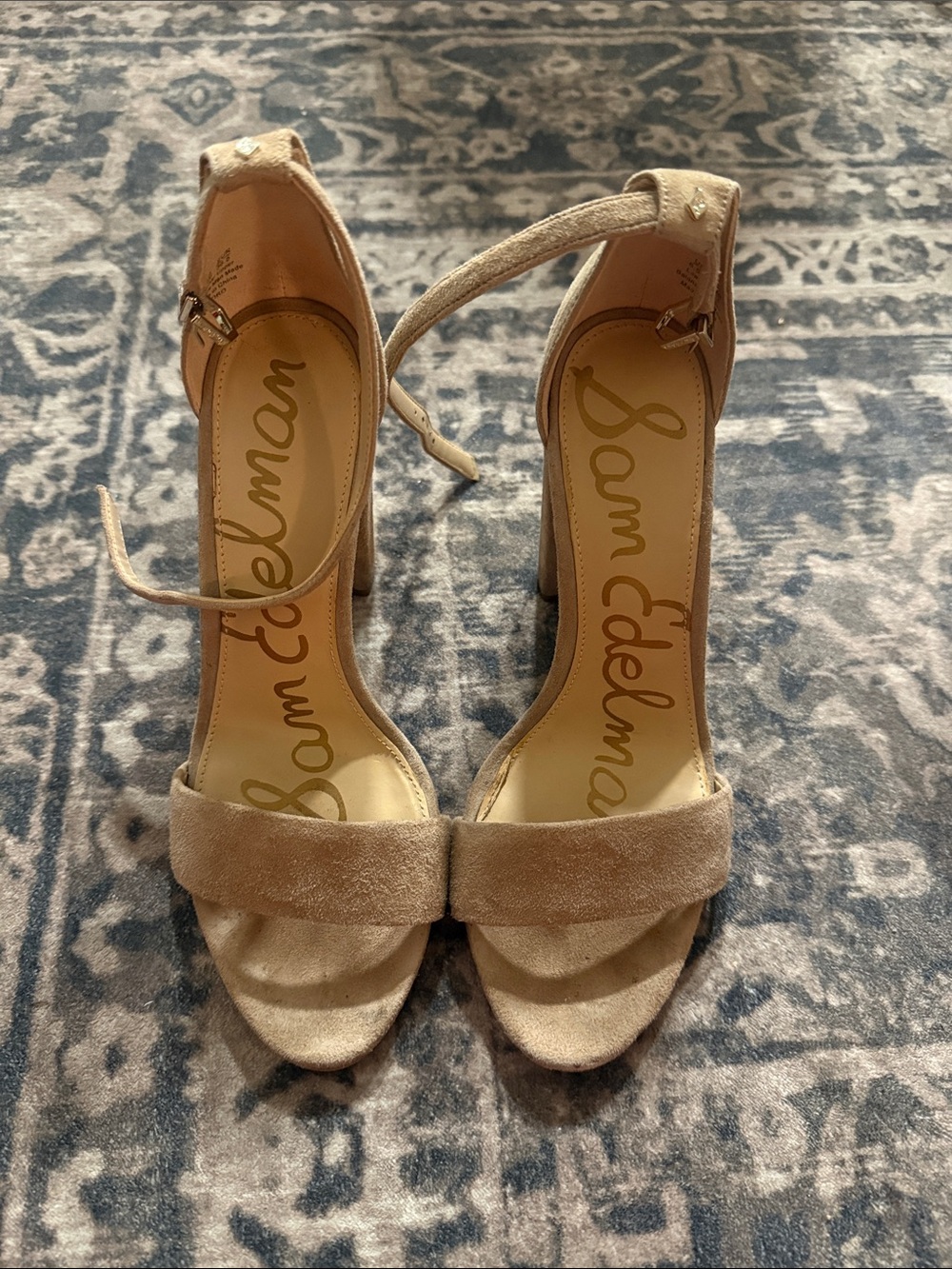 Sam Edelman Beige Suede Open-Toe Ankle-Strap Block Heels